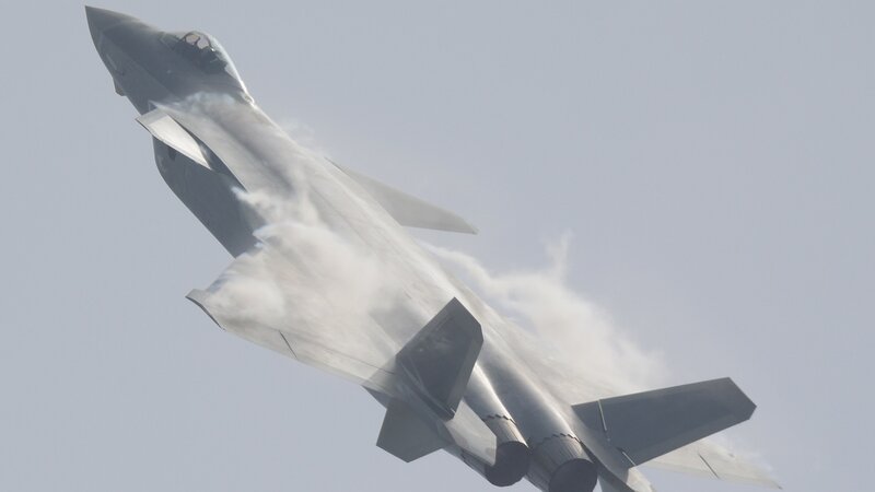 Fighter Jet in Flight — Gray, Dynamic, Photograph, Smoke, Sky