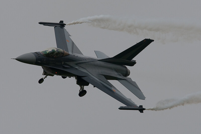 Fighter Jet in Flight — Gray, Dynamic, Photograph, Smoke Trails, Landing Gear