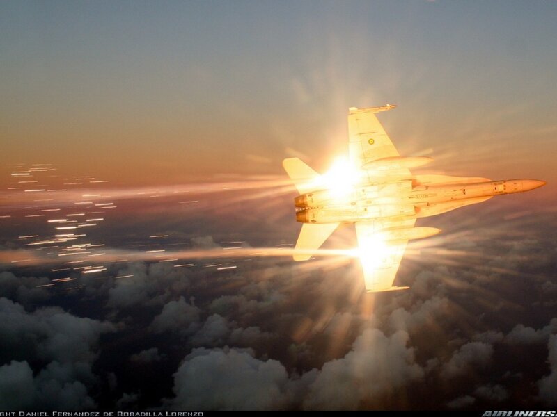 Fighter Jet in Flight — Orange, Dramatic, Sunset, Photograph, Sun, Clouds
