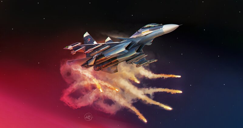 Fighter Jet in Flight — Red, Dramatic, Night