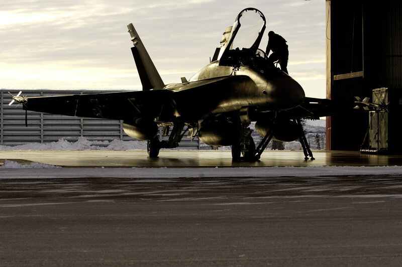 Fighter jet in hangar