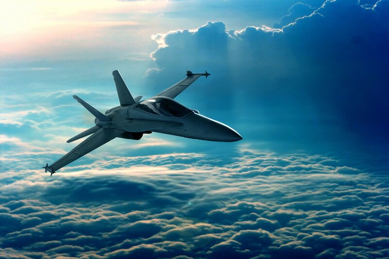 Fighter Jet in Sky — Blue, Dramatic, Sunset