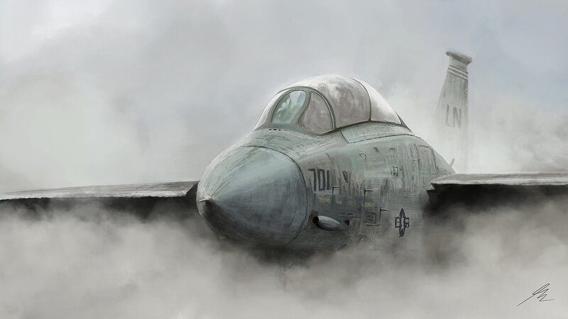 Fighter Jet in Smoke — Gray, Dramatic, Digital Art, Clouds