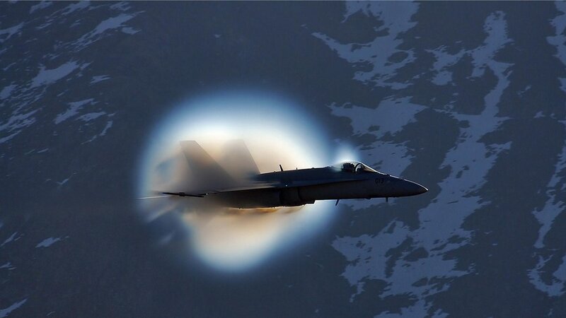 Fighter Jet in Sonic Boom — Gray, Dramatic, Photograph