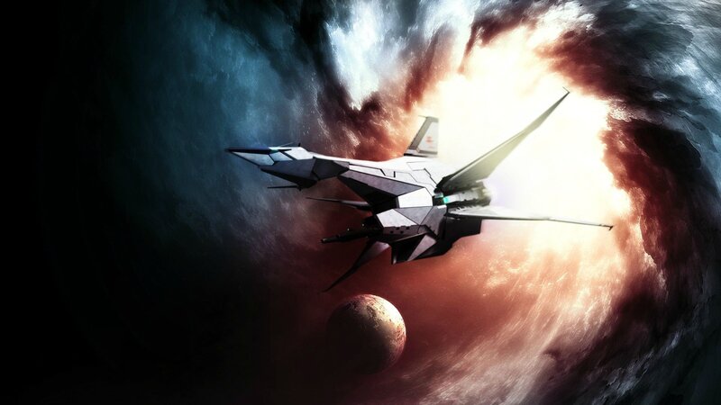 Fighter Jet in Space — Black, Dramatic, Digital Art, Planet