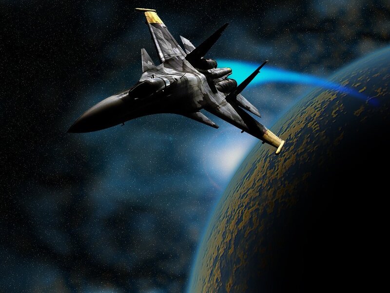 Fighter Jet in Space — Blue, Dramatic, Digital Art