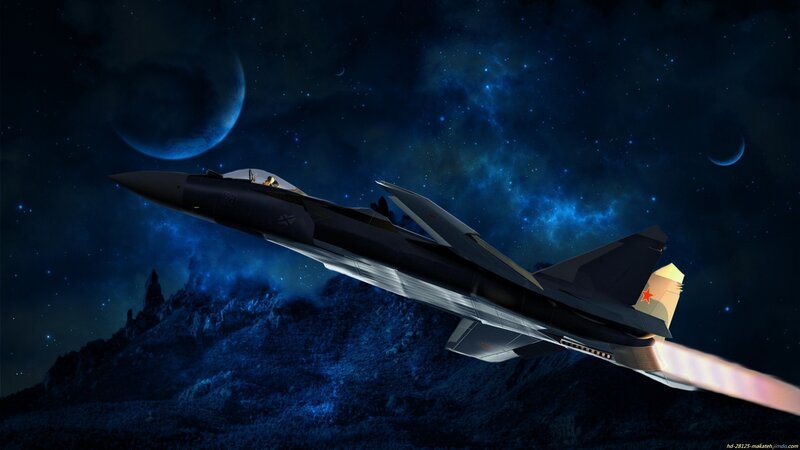 Fighter Jet in Space — Blue, Dramatic, Night, Digital Art, Planet