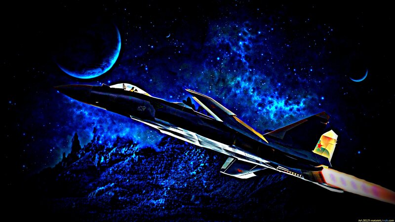 Fighter Jet in Space — Blue, Dramatic, Night