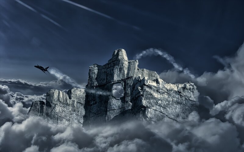 Fighter Jet Near Mountain — Gray