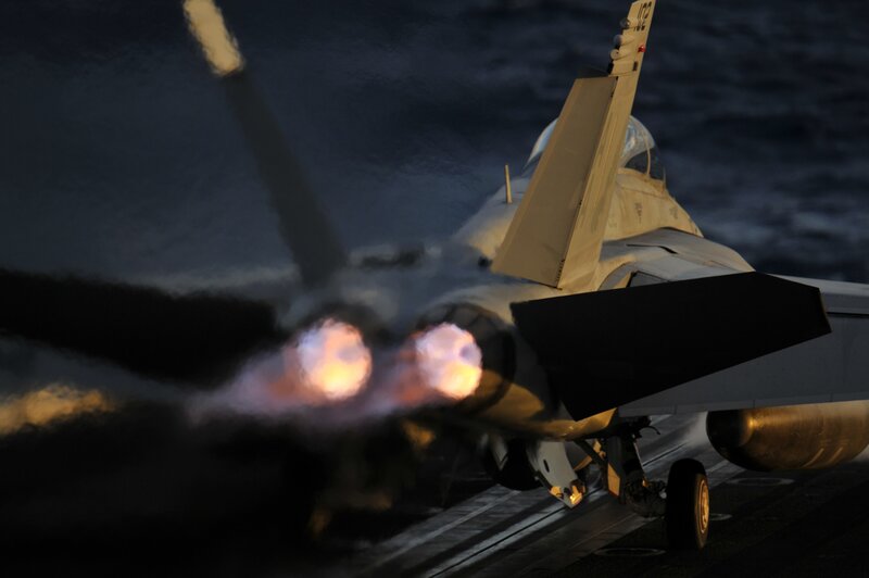 Fighter Jet on Aircraft Carrier — Black, Dramatic, Night, Photograph, Jet Engine
