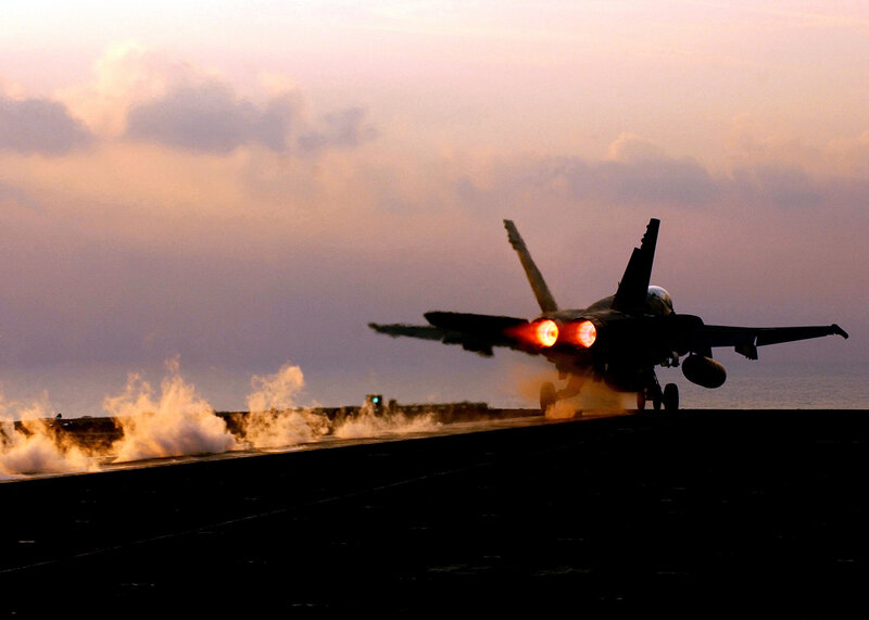 Fighter Jet on Aircraft Carrier — Black, Dramatic, Sunset, Photograph, Aircraft Carrier