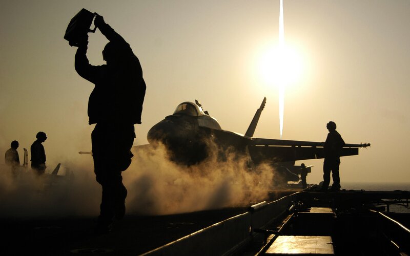 Fighter Jet on Aircraft Carrier — Black, Dramatic, Sunset, Photograph