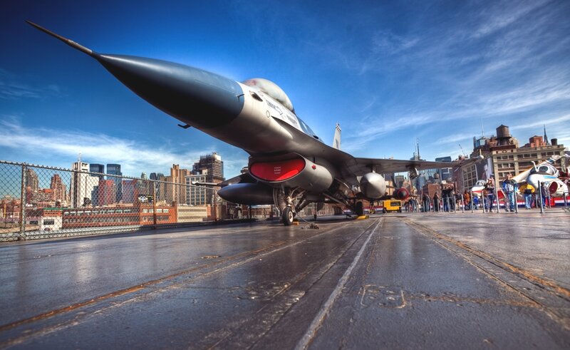 Fighter Jet on Aircraft Carrier — Blue, Dramatic, Afternoon, Photograph