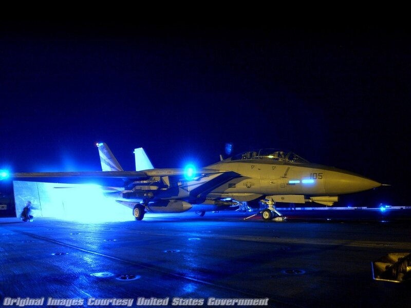 Fighter Jet on Aircraft Carrier — Blue, Dramatic, Night, Photograph, Aircraft Carrier
