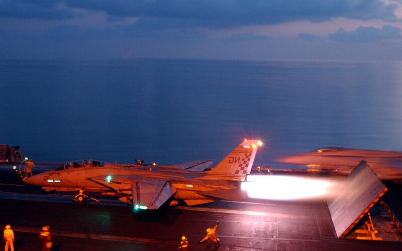 Fighter Jet on Aircraft Carrier — Blue, Dramatic, Night