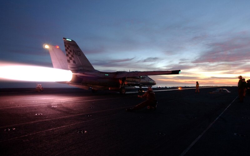 Fighter Jet on Aircraft Carrier — Blue, Dramatic, Sunset, Photograph, Aircraft Carrier, Jet Engine
