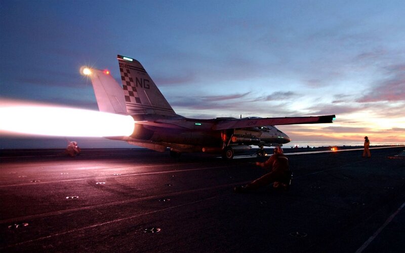 Fighter Jet on Aircraft Carrier — Blue, Dramatic, Sunset, Photograph, Aircraft Carrier