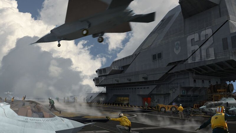 Fighter Jet on Aircraft Carrier — Gray, Dramatic, Afternoon, Digital Art