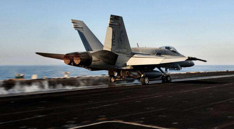 Fighter Jet on Aircraft Carrier — Gray, Dramatic, Morning