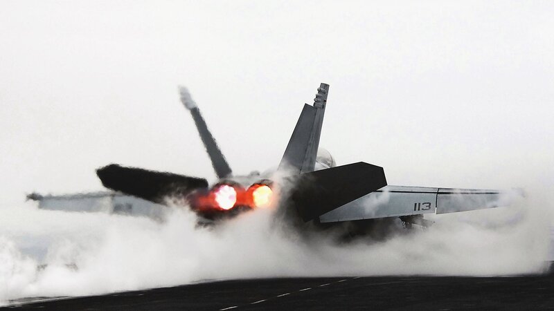 Fighter Jet on Aircraft Carrier — Gray, Dramatic, Photograph