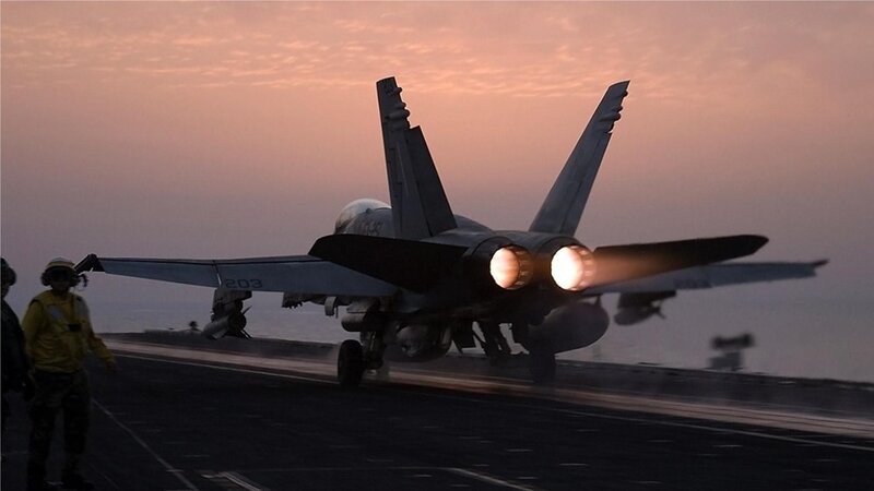 Fighter Jet on Aircraft Carrier — Gray, Dramatic, Sunset, Photograph, Aircraft Carrier, Jet Engine