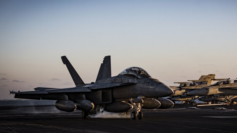 Fighter Jet on Aircraft Carrier — Gray, Dramatic, Sunset, Photograph, Aircraft Carrier