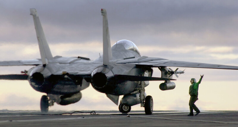 Fighter Jet on Aircraft Carrier — Gray, Dramatic