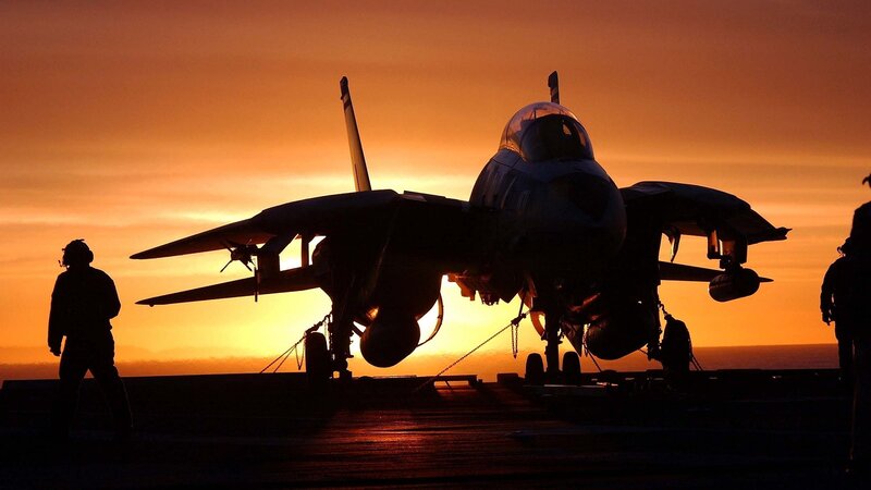 Fighter Jet on Aircraft Carrier — Orange, Dramatic, Sunset, Photograph