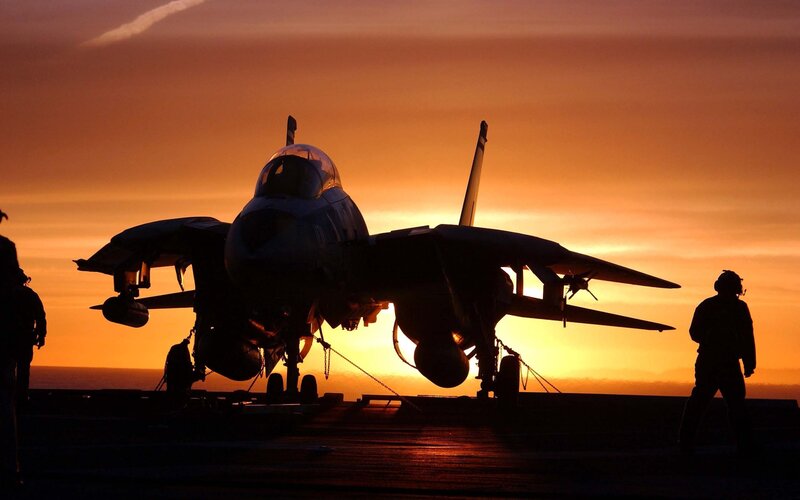 Fighter Jet on Aircraft Carrier — Orange, Dramatic, Sunset