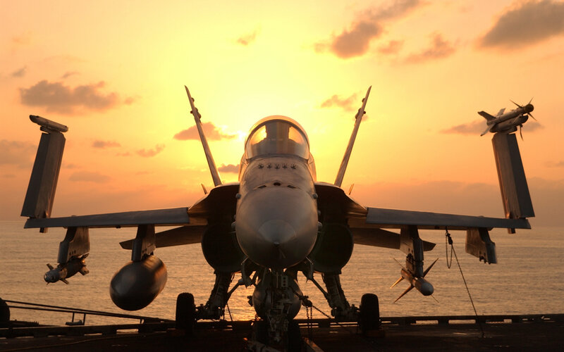 Fighter Jet on Aircraft Carrier — Orange, Dramatic