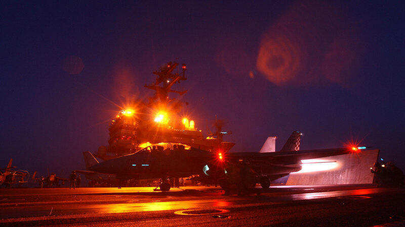 Fighter Jet on Aircraft Carrier — Red, Dramatic, Night
