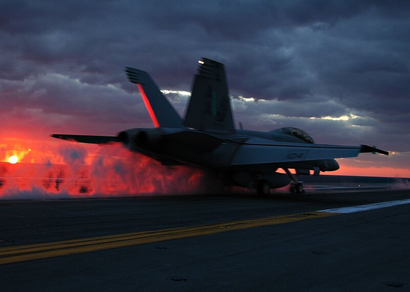 Fighter Jet on Aircraft Carrier — Red, Dramatic, Sunset