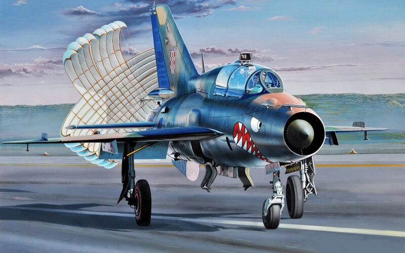 Fighter Jet on Runway — Blue, Dramatic, Afternoon