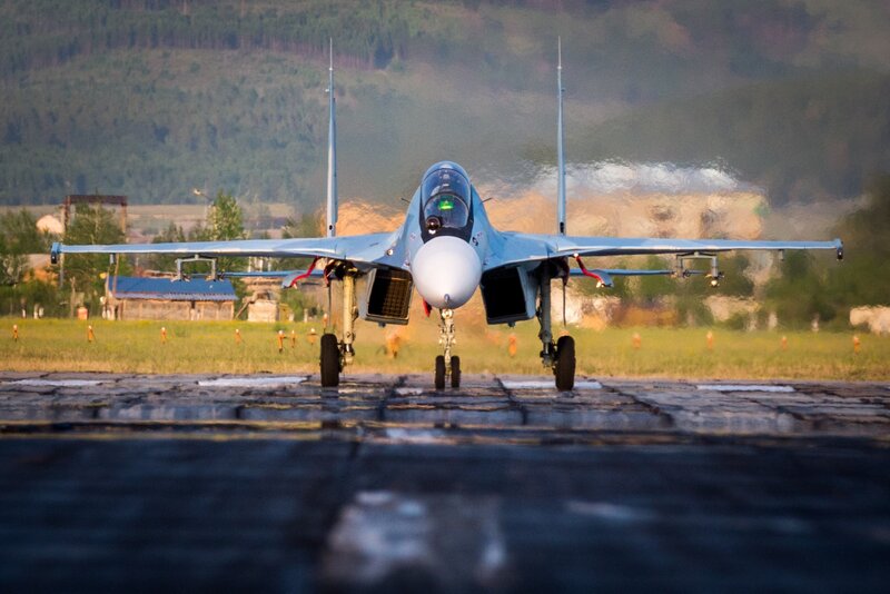 Fighter Jet on Runway — Blue, Dramatic, Sunset