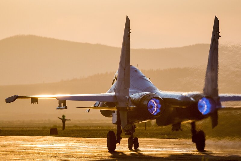 Fighter Jet on Runway — Blue, Dramatic