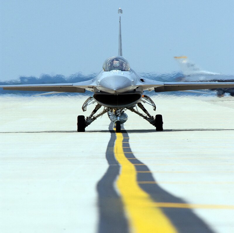 Fighter Jet on Runway — Gray, Dramatic, Afternoon, Photograph, Shadow