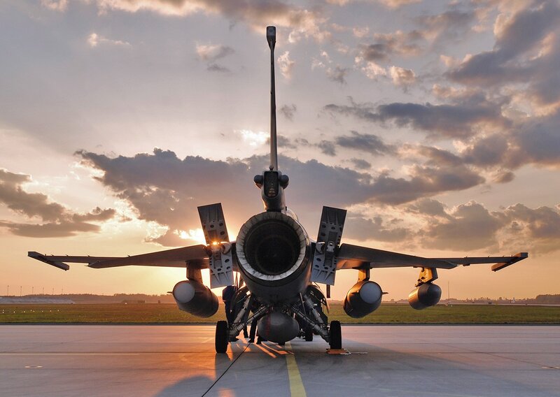 Fighter Jet on Runway — Gray, Dramatic, Sunset, Photograph, Aircraft, Orange