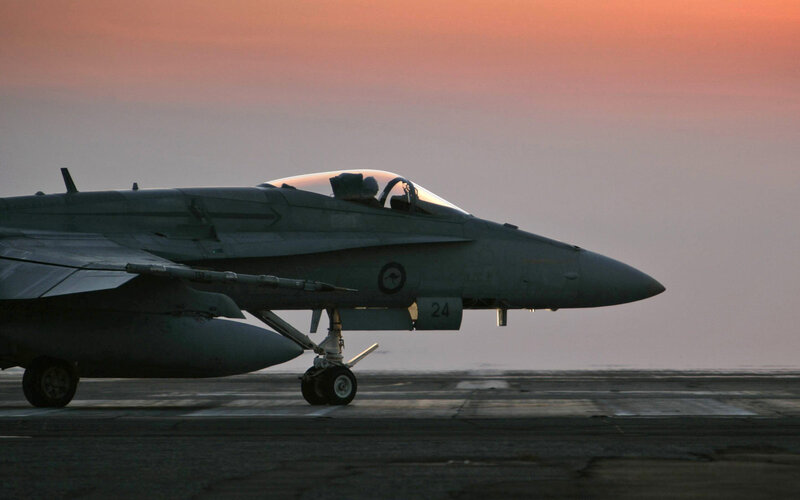 Fighter Jet on Runway — Gray, Dramatic