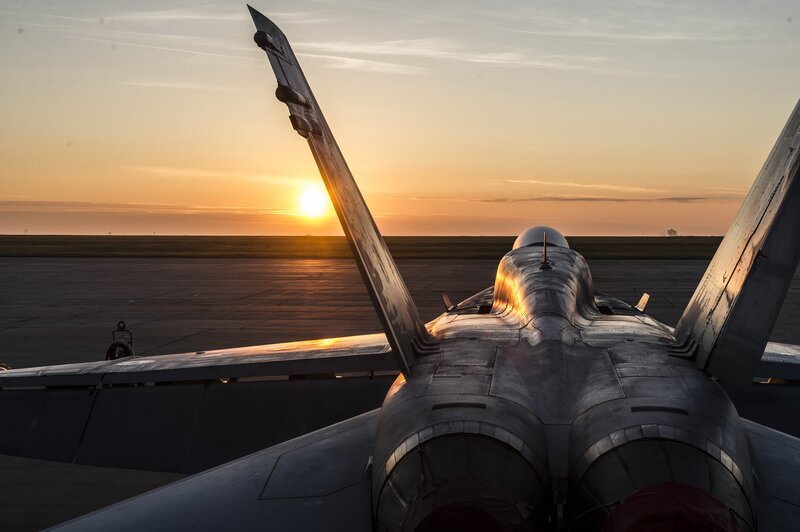 Fighter Jet on Runway — Orange, Dramatic, Sunset, Photograph, Jet Engine