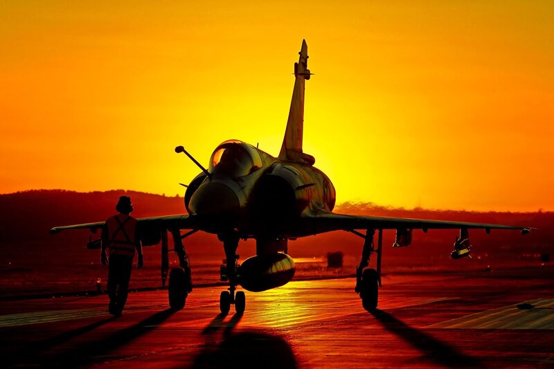 Fighter Jet on Runway — Orange, Dramatic, Sunset, Photograph, Person