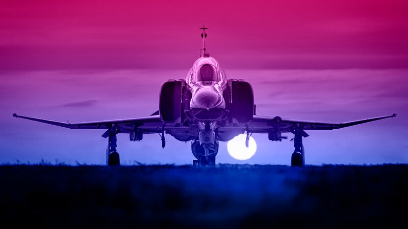 Fighter Jet on Runway — Purple, Dramatic