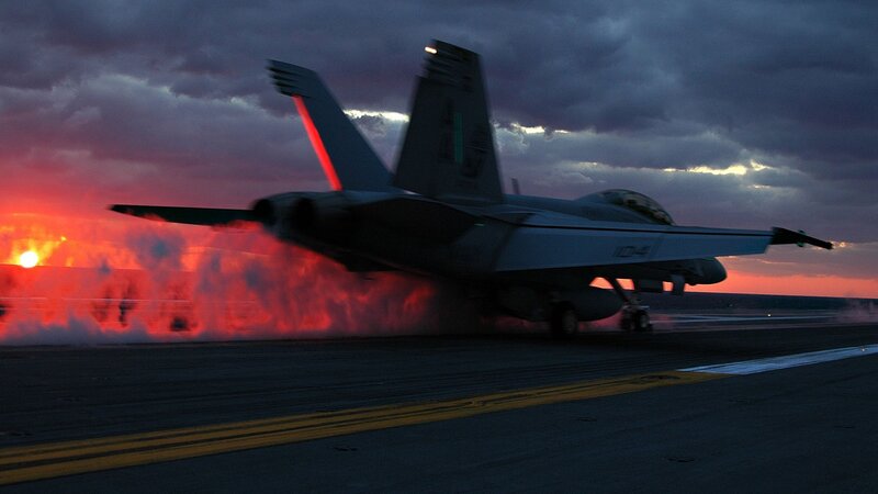 Fighter Jet on Runway — Red, Dramatic, Sunset, Photograph, Smoke