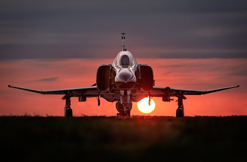 Fighter Jet on Runway — Red, Dramatic, Sunset, Photograph, Sun