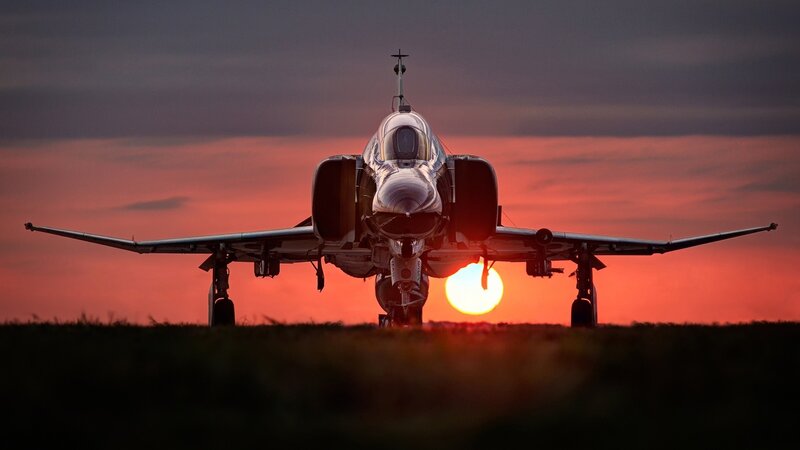 Fighter Jet on Runway — Red, Dramatic, Sunset, Photograph