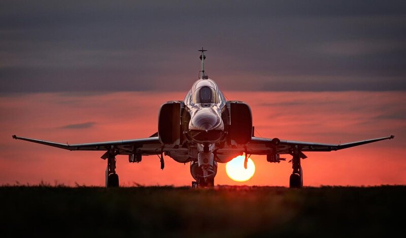 Fighter Jet on Runway — Red, Dramatic, Sunset