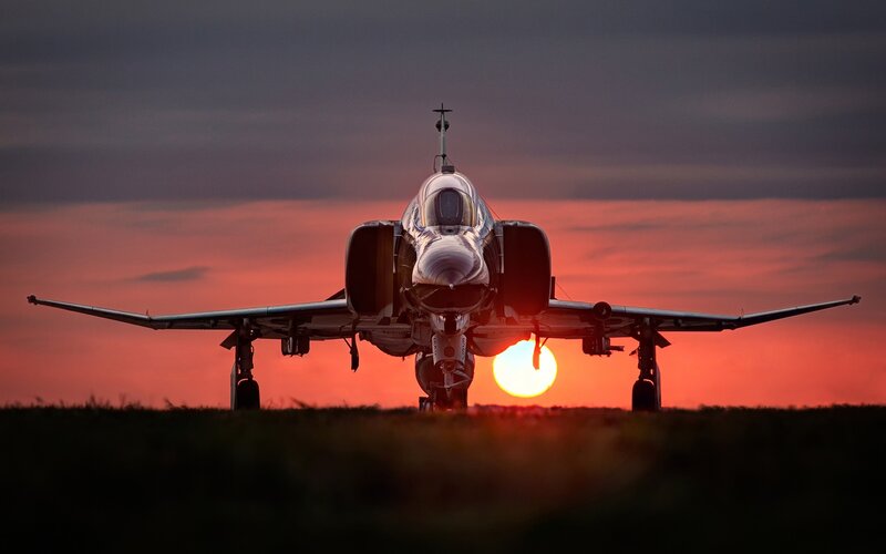 Fighter Jet on Runway — Red, Dramatic