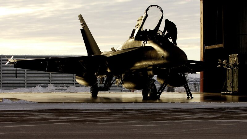 Fighter Jet on Tarmac — Black, Dramatic, Winter