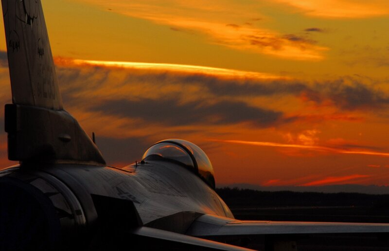 Fighter Jet on Tarmac — Orange, Dramatic, Sunset, Photograph, Sky