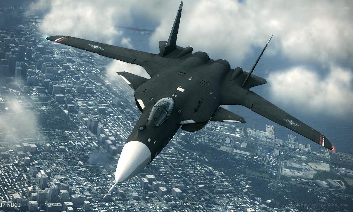 fighter jet over city