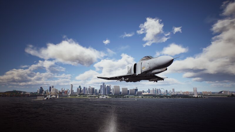 Fighter Jet over City — Blue, Dramatic, Afternoon